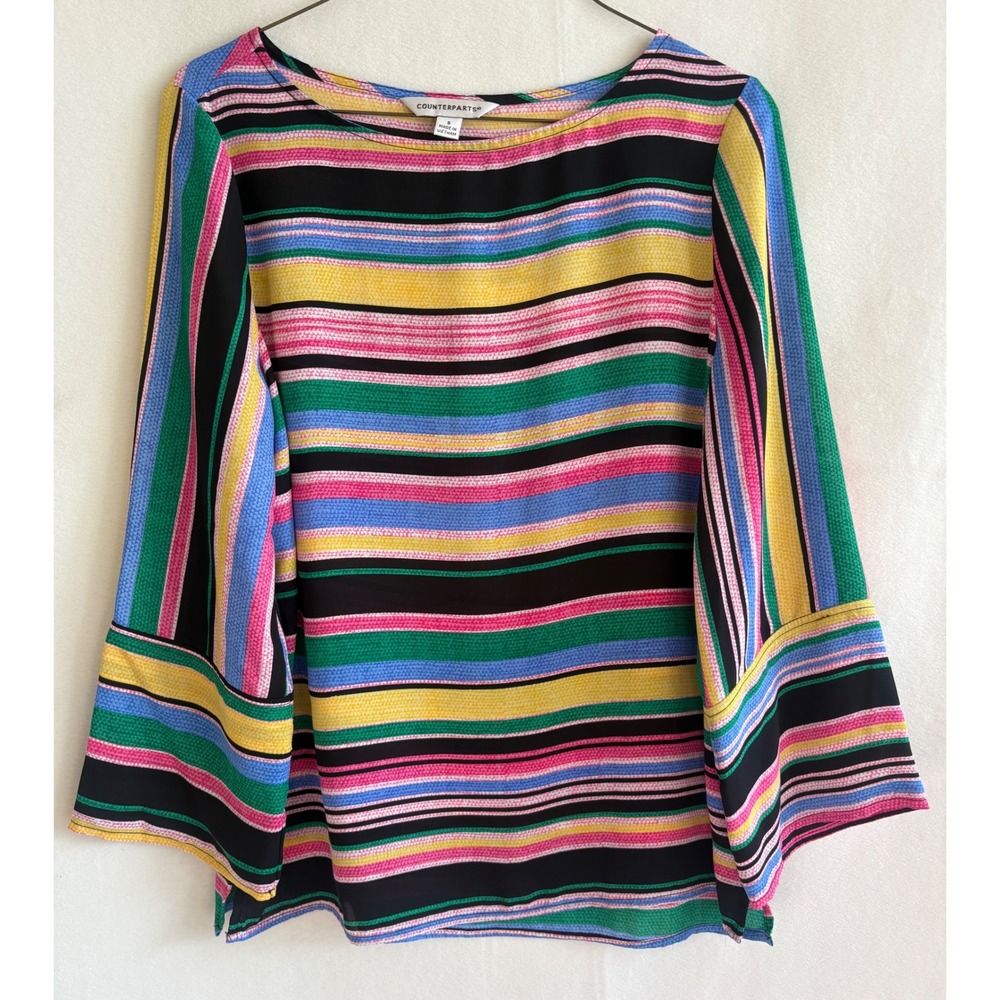 Counterparts Womens Small Multi Color Striped Bell Sleeve Boat Neck Blouse Top